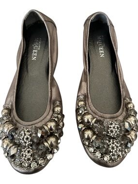 Alexander McQueen Metallic Pewter Crystal-Embellished Flats